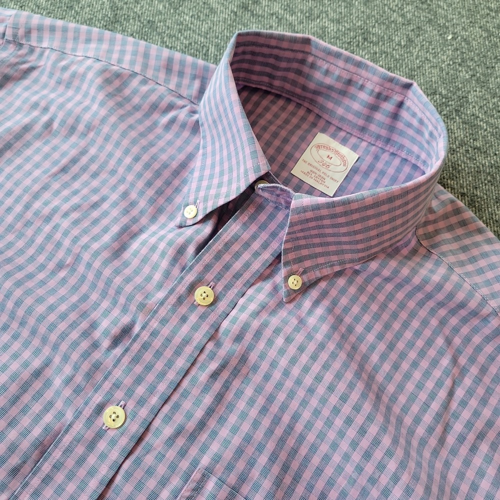 Brooks Brothers 346 Shirt Mens Medium Purple Gingham Check Short Sleeve Non Iron